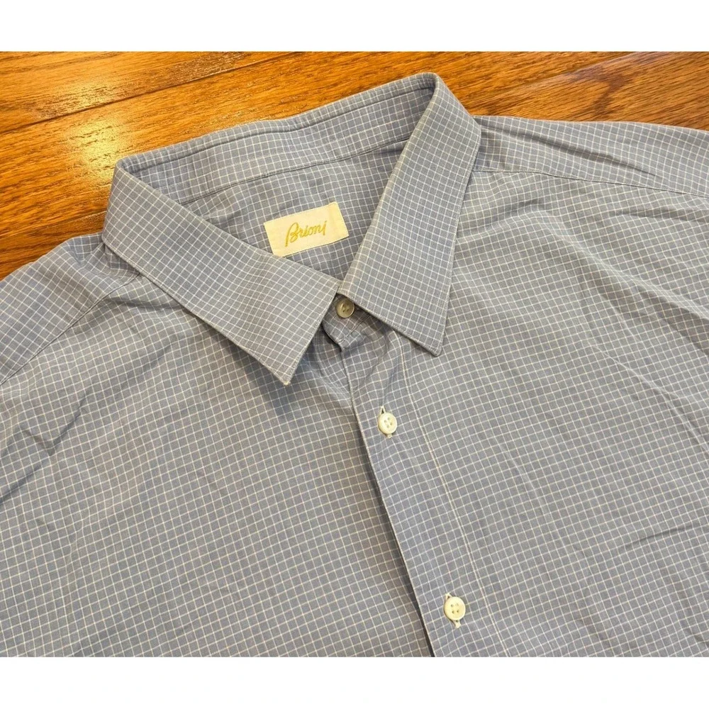 Brioni Button-Down Dress Shirt Fits Mens 17.5 Blue White Check Italy Cotton